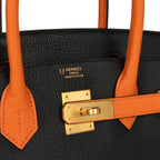 Hermes Special Order (HSS) Birkin 30 Black and Orange Chevre Brushed Gold Hardware