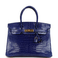Hermes Birkin 30 Bleu Electric Shiny Porosus Crocodile Gold Hardware