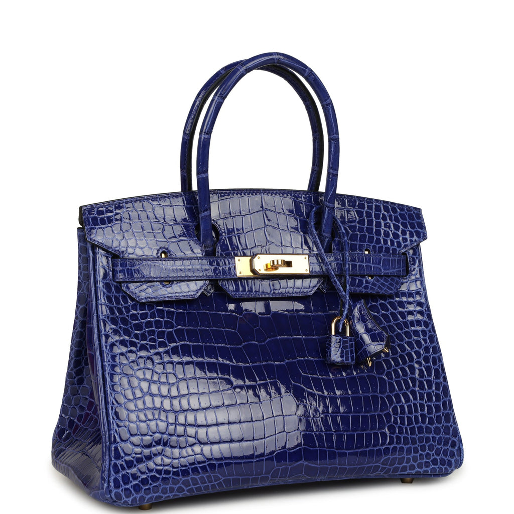 Hermes Birkin 30 Bleu Electric Shiny Porosus Crocodile Gold Hardware