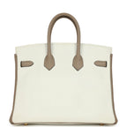 Hermes Special Order (HSS) Birkin 25 White and Etoupe Clemence Brushed Gold Hardware