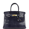 Hermes Birkin 30 Bleu Encre Shiny Porosus Crocodile Gold Hardware