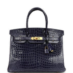 Hermes Birkin 30 Bleu Encre Shiny Porosus Crocodile Gold Hardware