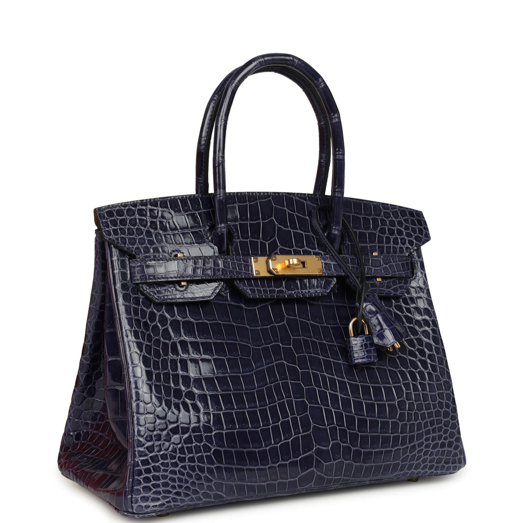 Hermes Birkin 30 Bleu Encre Shiny Porosus Crocodile Gold Hardware