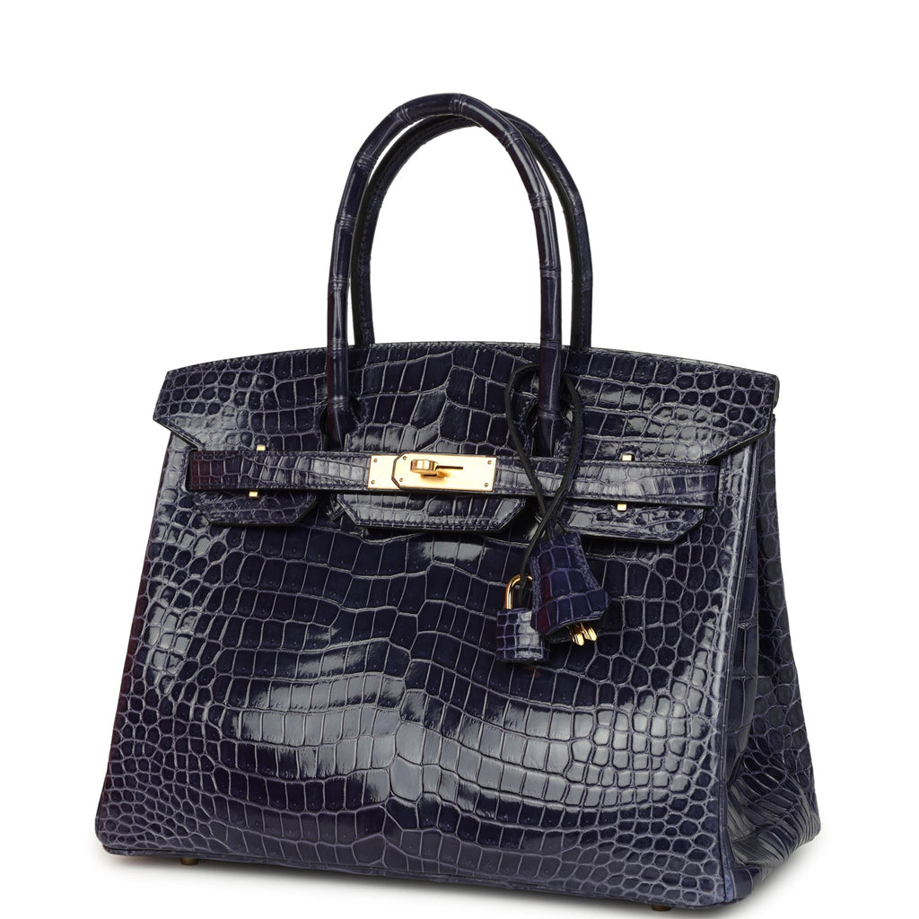 Hermes Birkin 30 Bleu Encre Shiny Porosus Crocodile Gold Hardware