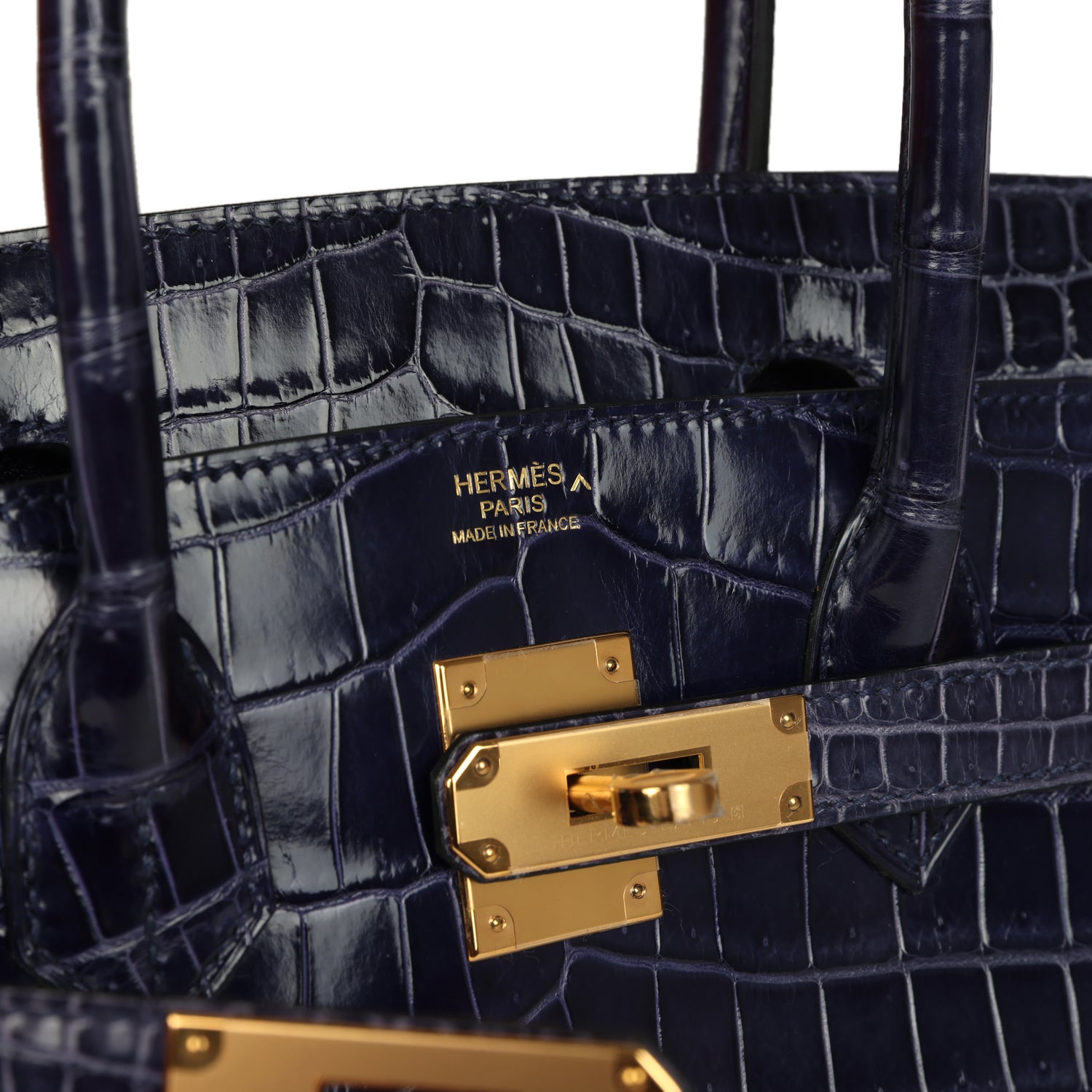 Hermes Birkin 30 Bleu Encre Shiny Porosus Crocodile Gold Hardware