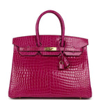 Hermes Birkin 35 Rose Scheherazade Shiny Porosus Crocodile Gold Hardware
