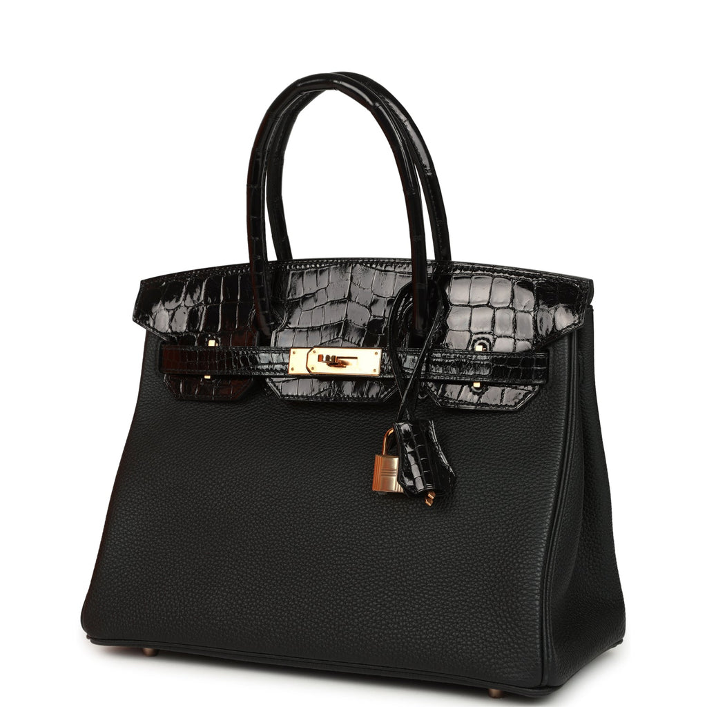 Hermes Birkin 30 Black Shiny Niloticus Crocodile and Togo Touch Rose Gold Hardware