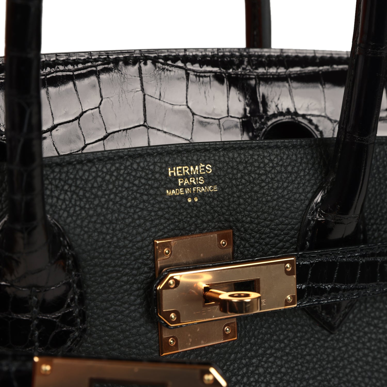 Hermes Birkin 30 Black Shiny Niloticus Crocodile and Togo Touch Rose Gold Hardware
