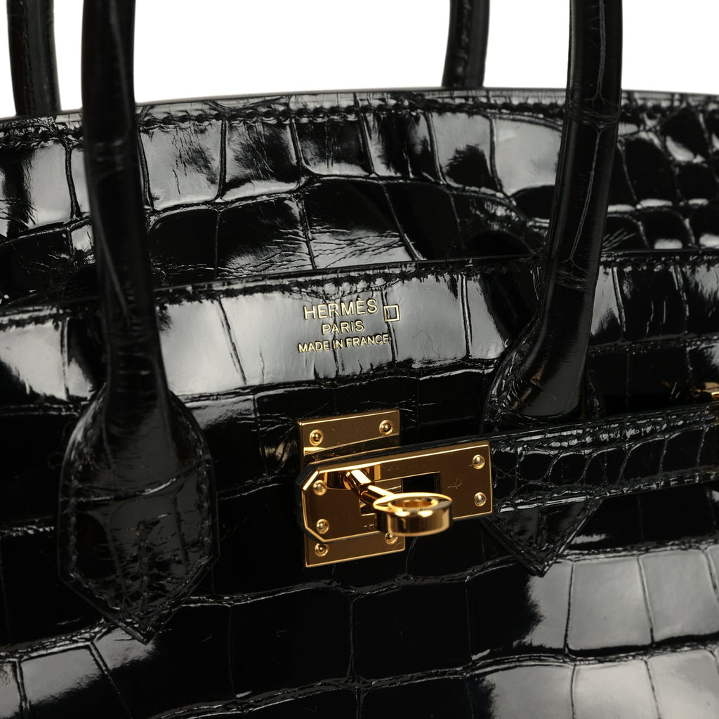 Hermes Birkin Sellier 25 Black Shiny Alligator Gold Hardware
