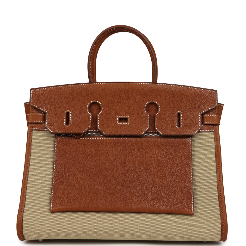 Hermes Birkin 35 A L'Envers Ficelle-Ecru H Dyed Canvas and Fauve Barenia Faubourg Palladium Hardware