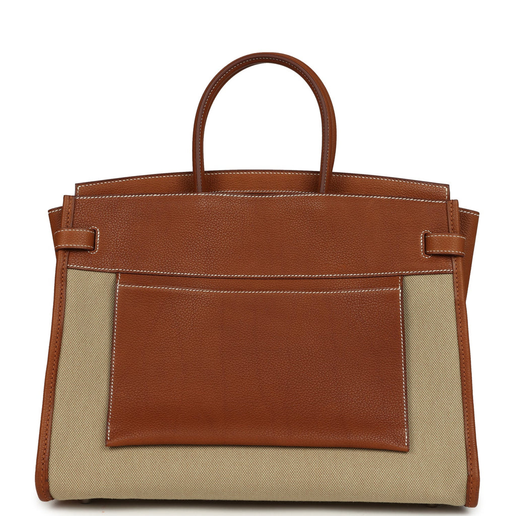 Hermes Birkin 35 A L'Envers Ficelle-Ecru H Dyed Canvas and Fauve Barenia Faubourg Palladium Hardware