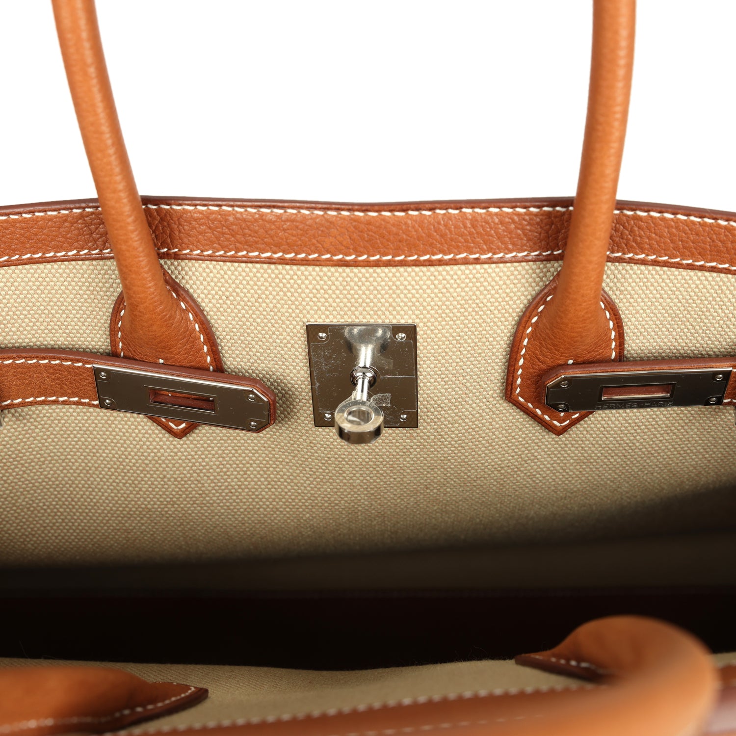 Hermes Birkin 35 A L'Envers Ficelle-Ecru H Dyed Canvas and Fauve Barenia Faubourg Palladium Hardware
