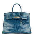 Hermes Birkin 35 Mykonos Shiny Porosus Crocodile Gold Hardware