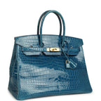 Hermes Birkin 35 Mykonos Shiny Porosus Crocodile Gold Hardware