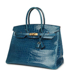 Hermes Birkin 35 Mykonos Shiny Porosus Crocodile Gold Hardware