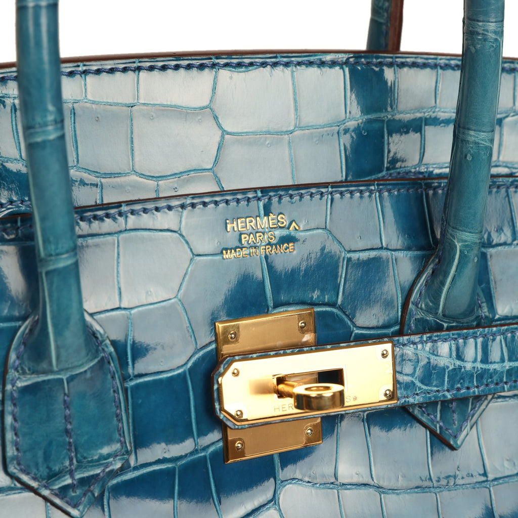 Hermes Birkin 35 Mykonos Shiny Porosus Crocodile Gold Hardware