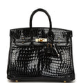 Hermes Birkin 25 Black Shiny Porosus Crocodile Gold Hardware