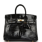 Hermes Birkin 25 Black Shiny Porosus Crocodile Gold Hardware