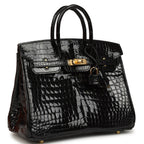 Hermes Birkin 25 Black Shiny Porosus Crocodile Gold Hardware