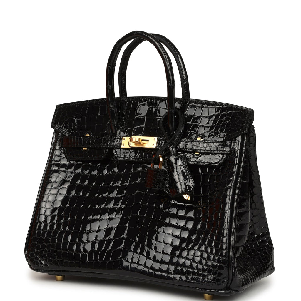 Hermes Birkin 25 Black Shiny Porosus Crocodile Gold Hardware