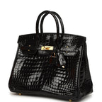 Hermes Birkin 25 Black Shiny Porosus Crocodile Gold Hardware