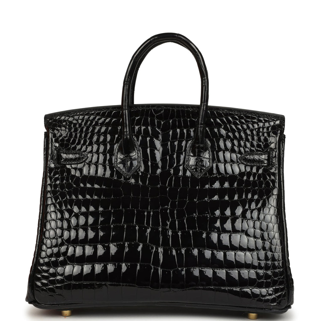 Hermes Birkin 25 Black Shiny Porosus Crocodile Gold Hardware