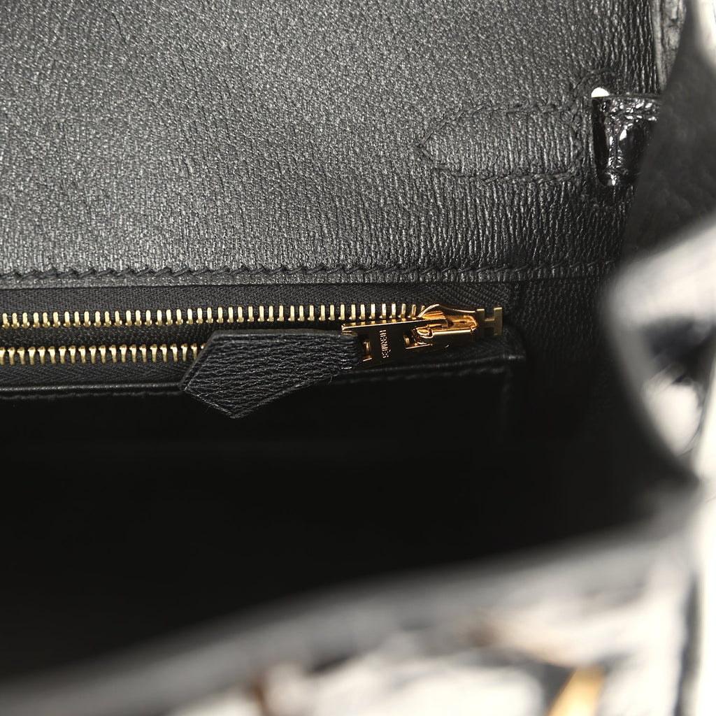 Hermes Birkin 25 Black Shiny Porosus Crocodile Gold Hardware