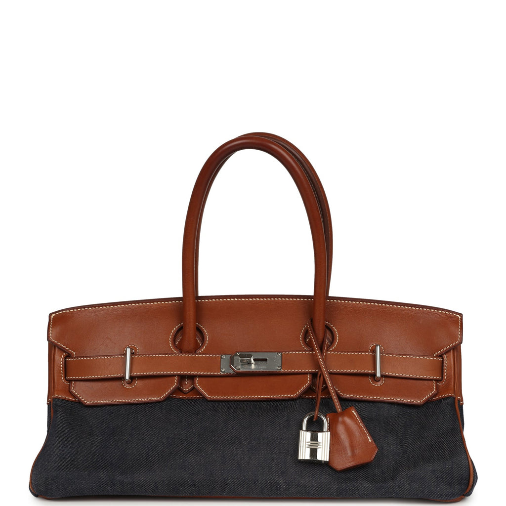 Vintage Hermes Shoulder Birkin 42 JPG Fauve Barenia and Dark Blue Denim Palladium Hardware