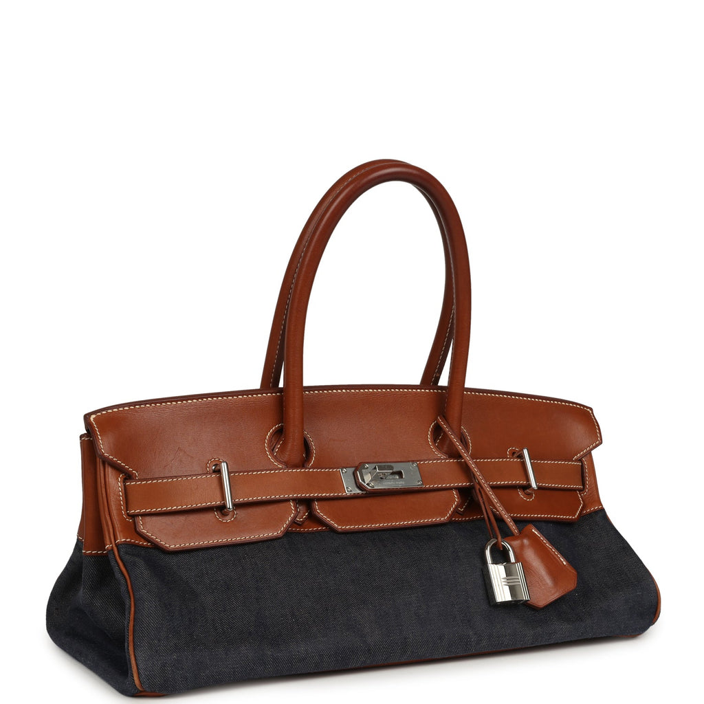 Vintage Hermes Shoulder Birkin 42 JPG Fauve Barenia and Dark Blue Denim Palladium Hardware