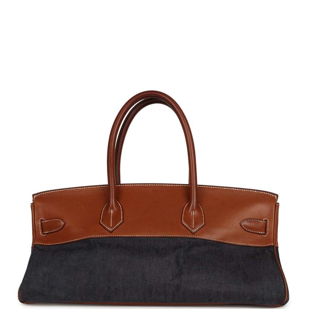 Vintage Hermes Shoulder Birkin 42 JPG Fauve Barenia and Dark Blue Denim Palladium Hardware