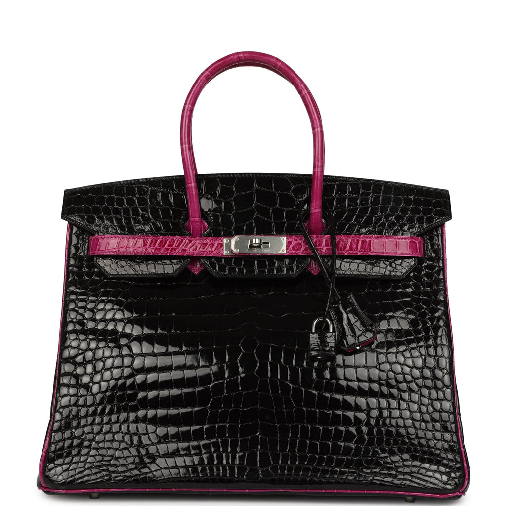 Hermes Special Order (HSS) Birkin 35 Rose Pourpre and Black Shiny Porosus Crocodile Palladium Hardware