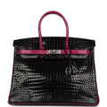 Hermes Special Order (HSS) Birkin 35 Rose Pourpre and Black Shiny Porosus Crocodile Palladium Hardware