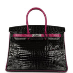 Hermes Special Order (HSS) Birkin 35 Rose Pourpre and Black Shiny Porosus Crocodile Palladium Hardware