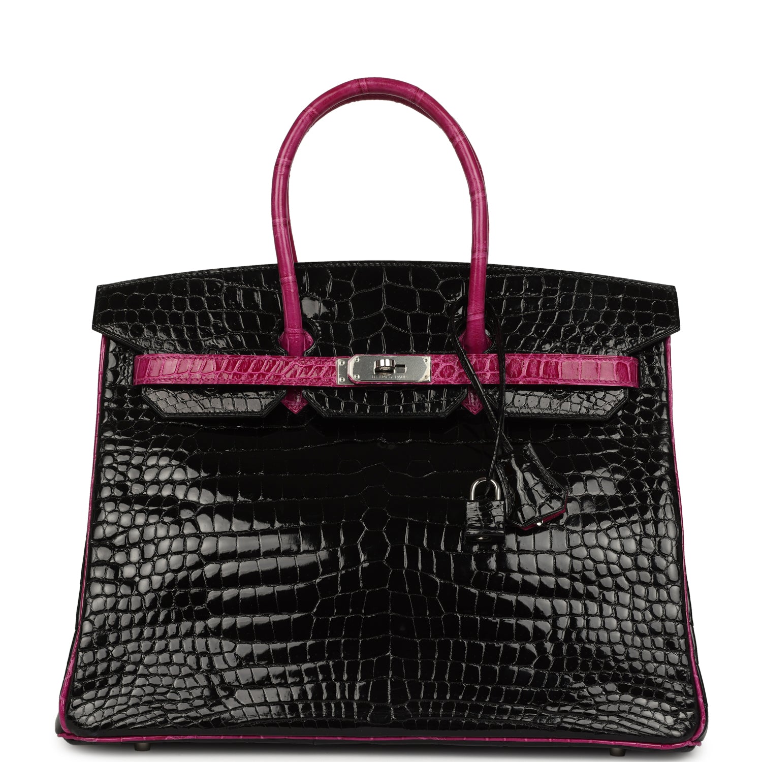 Hermes Special Order (HSS) Birkin 35 Rose Pourpre and Black Shiny Porosus Crocodile Palladium Hardware