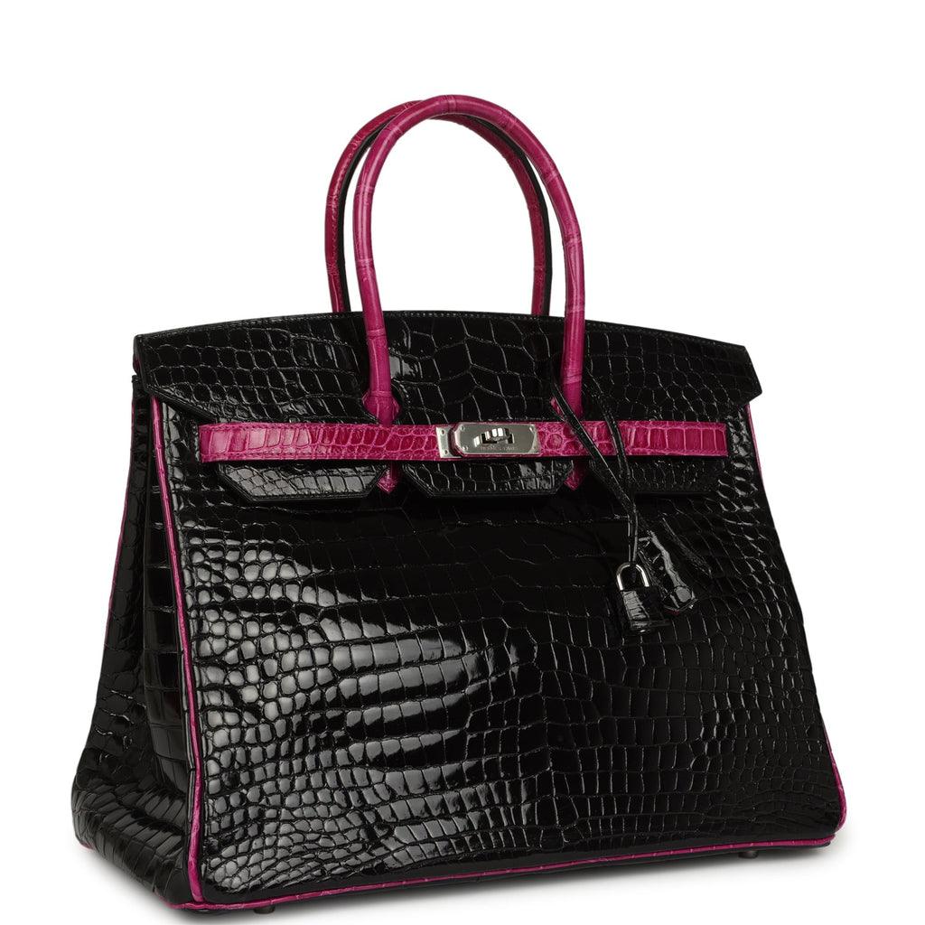 Hermes Special Order (HSS) Birkin 35 Rose Pourpre and Black Shiny Porosus Crocodile Palladium Hardware