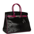 Hermes Special Order (HSS) Birkin 35 Rose Pourpre and Black Shiny Porosus Crocodile Palladium Hardware