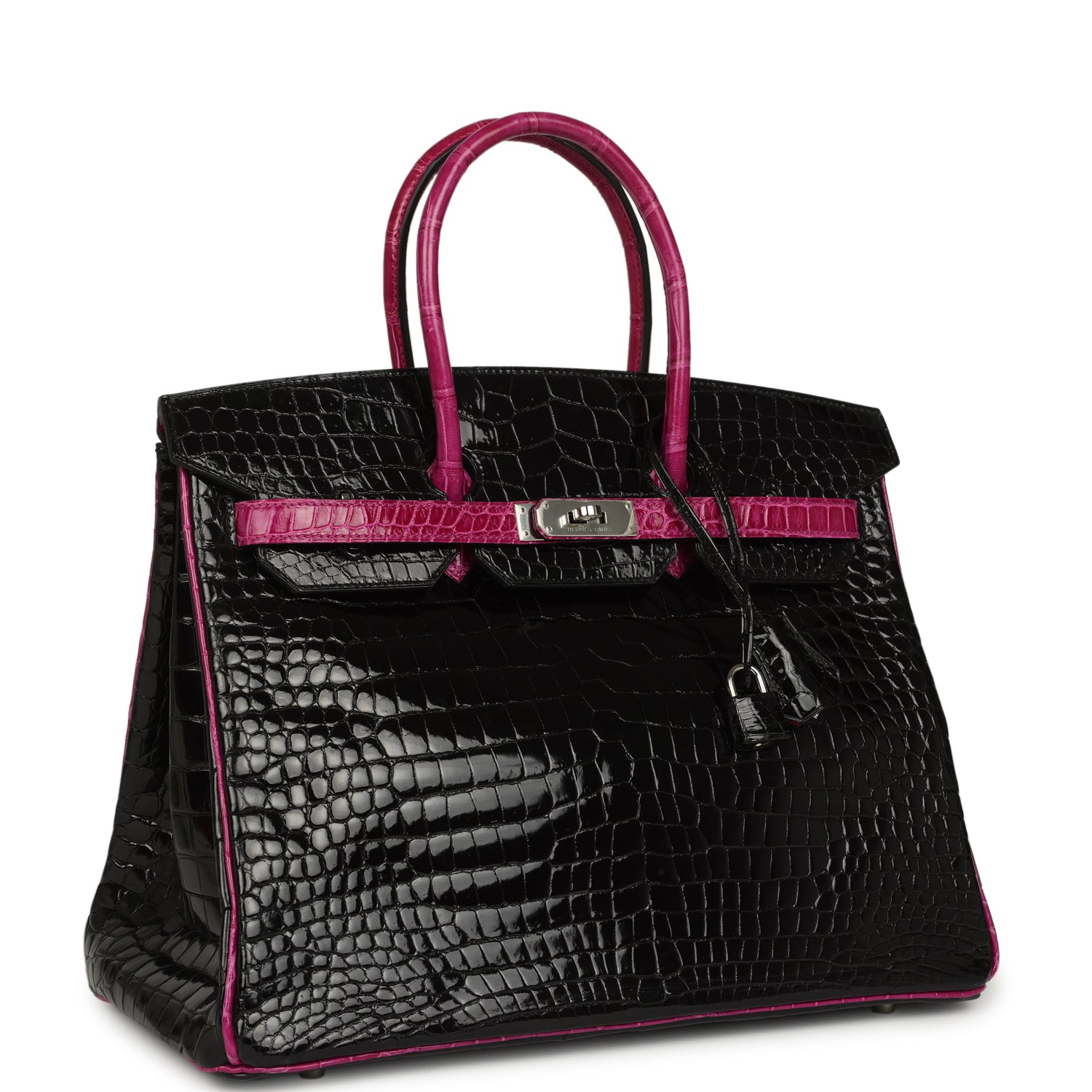 Hermes Special Order (HSS) Birkin 35 Rose Pourpre and Black Shiny Porosus Crocodile Palladium Hardware