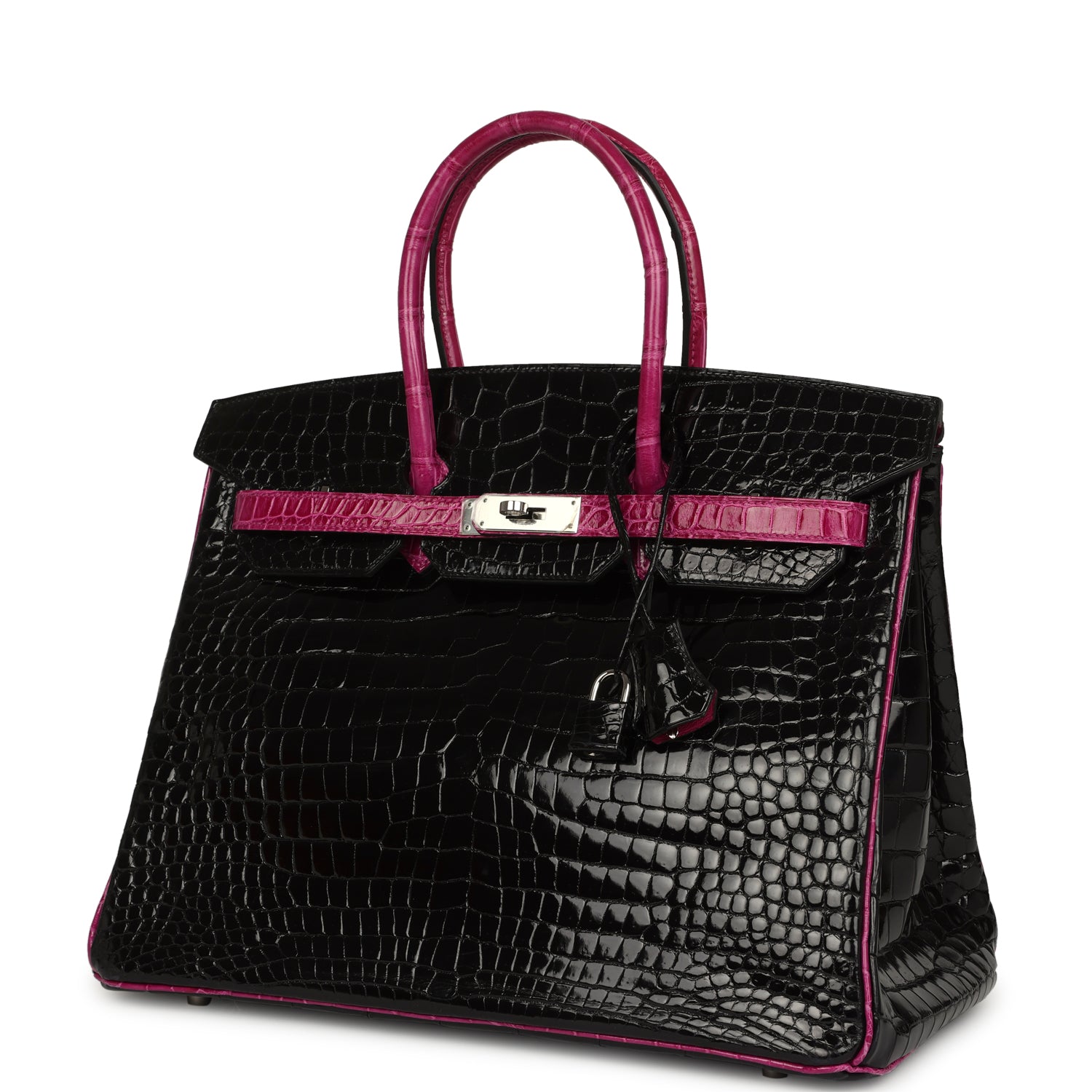 Hermes Special Order (HSS) Birkin 35 Rose Pourpre and Black Shiny Porosus Crocodile Palladium Hardware