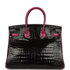 Hermes Special Order (HSS) Birkin 35 Rose Pourpre and Black Shiny Porosus Crocodile Palladium Hardware