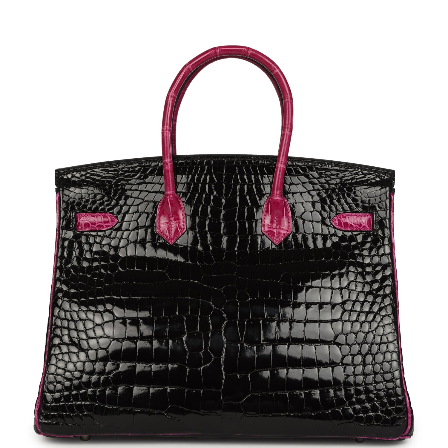 Hermes Special Order (HSS) Birkin 35 Rose Pourpre and Black Shiny Porosus Crocodile Palladium Hardware