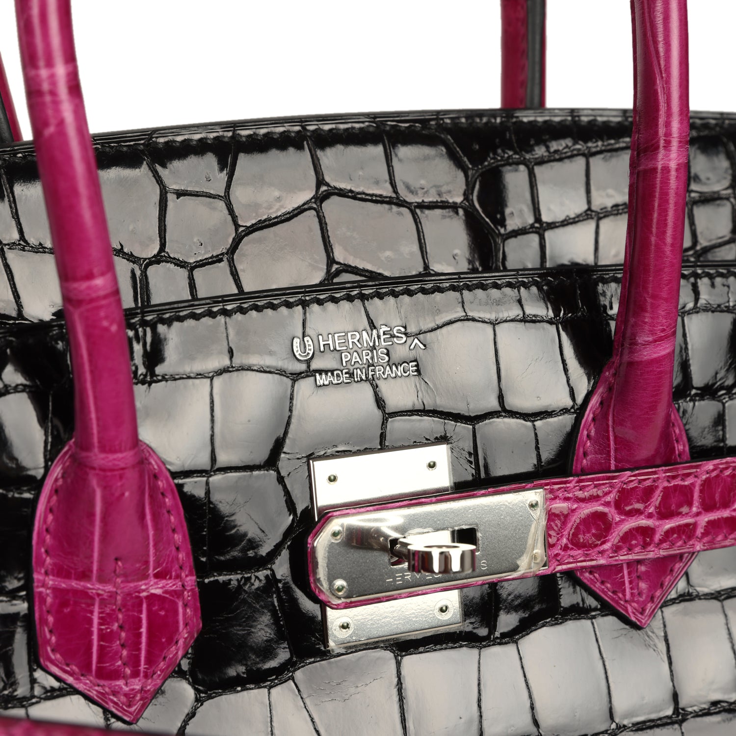 Hermes Special Order (HSS) Birkin 35 Rose Pourpre and Black Shiny Porosus Crocodile Palladium Hardware