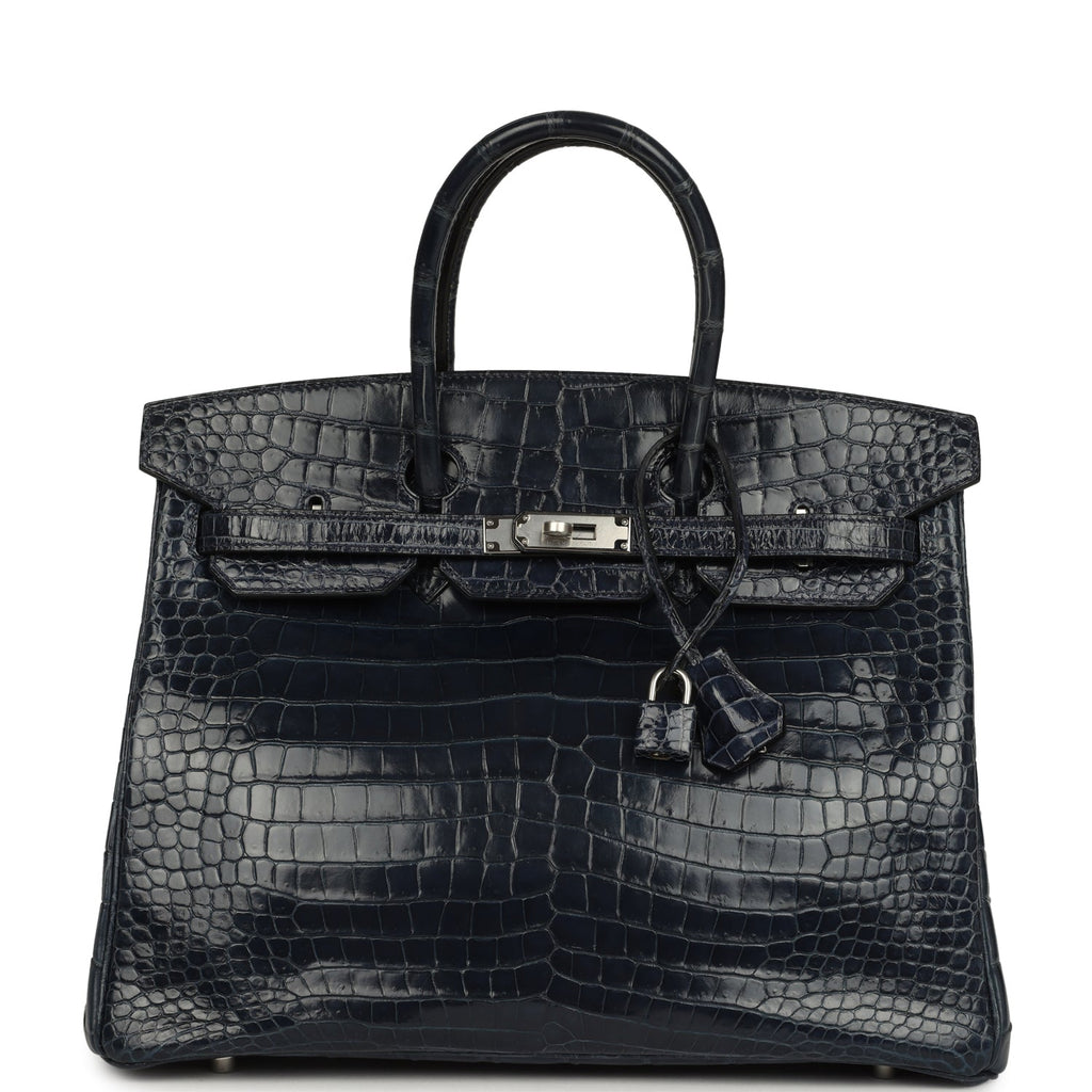 Hermes Birkin 35 Bleu Abysse Shiny Porosus Crocodile Palladium Hardware
