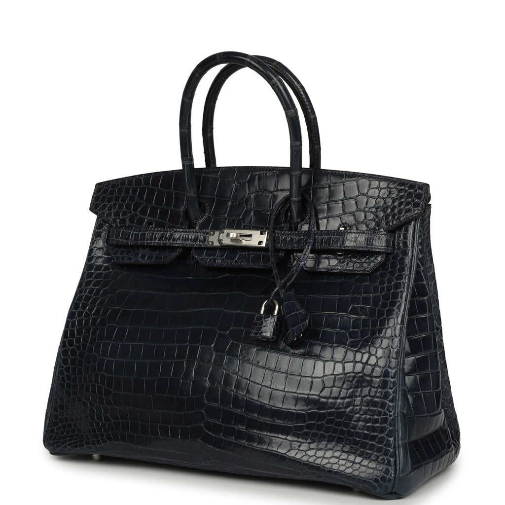 Hermes Birkin 35 Bleu Abysse Shiny Porosus Crocodile Palladium Hardware