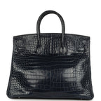 Hermes Birkin 35 Bleu Abysse Shiny Porosus Crocodile Palladium Hardware