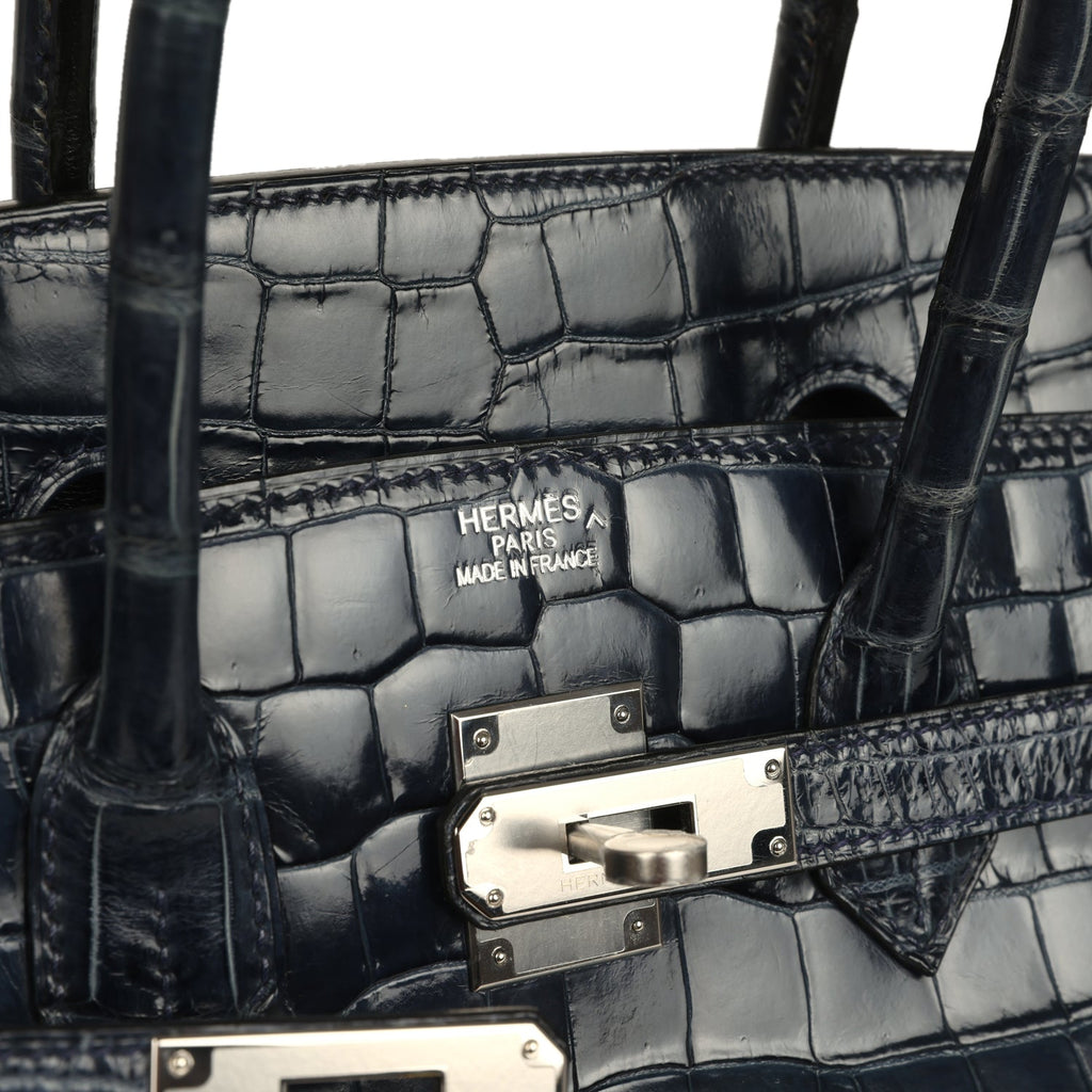 Hermes Birkin 35 Bleu Abysse Shiny Porosus Crocodile Palladium Hardware