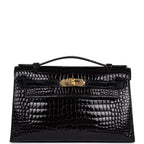 Hermes Kelly Pochette Black Shiny Porosus Crocodile Gold Hardware