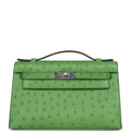 Hermes Kelly Pochette Vert Yucca Ostrich Palladium Hardware