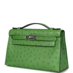 Hermes Kelly Pochette Vert Yucca Ostrich Palladium Hardware