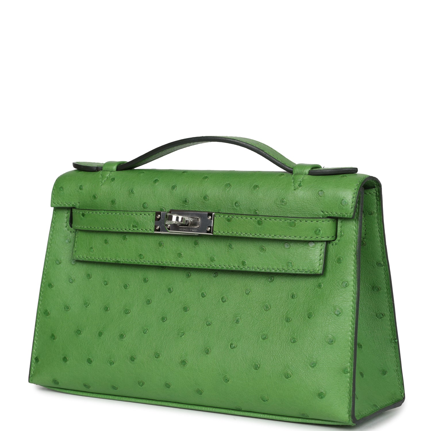 Hermes Kelly Pochette Vert Yucca Ostrich Palladium Hardware