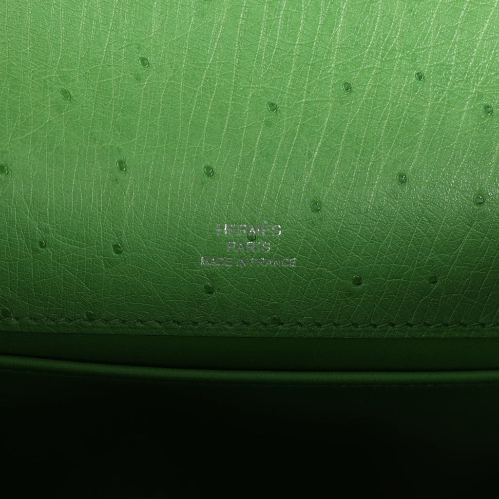 Hermes Kelly Pochette Vert Yucca Ostrich Palladium Hardware